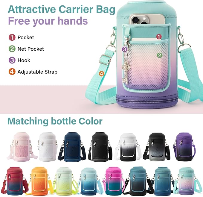 Insulated Water Bottle | Thickened Stainless Steel Vacuum Metal | Portable Sports Half Gallon Large Water Jug for Gym and Hiking with Straw, Carrier Bag, Handle Strap | BPA-Free 64 oz