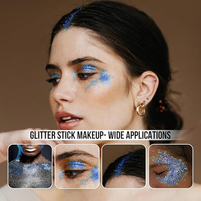 Brzeaf Waterproof Blue Glitter Stick,Festival Rave Accessories, Safe Ingredients & Long Lasting, Hair Eyeshadow Face Glitter Stick, Singer Concert Music Rave Festival, Glitter Makeup for Women