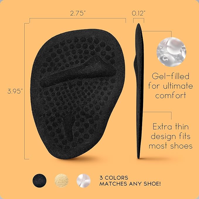 Walkize Metatarsal Pads Women | Heel Inserts for Women | Ball of Foot Cushions (2 Pairs Foot Pads) All Day Pain Relief and Comfort One Size Fits Shoe Inserts (Black)