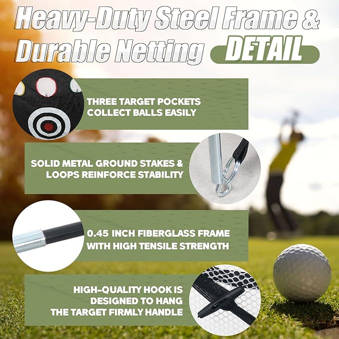 10x7FT Golf Practice Net for Backyard Indoor Outdoor Training, Golf Hitting Net with 3-Color Turf Mat, 5 Golf Balls and Tee, Perfect for Driving, Chipping and Swing Practice