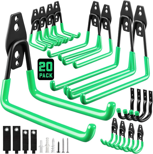 LANDNEOO Garage Hooks, 20-Pack Steel Garage Accessories for Organization and Storage, Heavy Wall Mount Duty Hooks with Anti-Slip Coating for Hanging Ladder, Bike, Power Tools and More Tools, Green