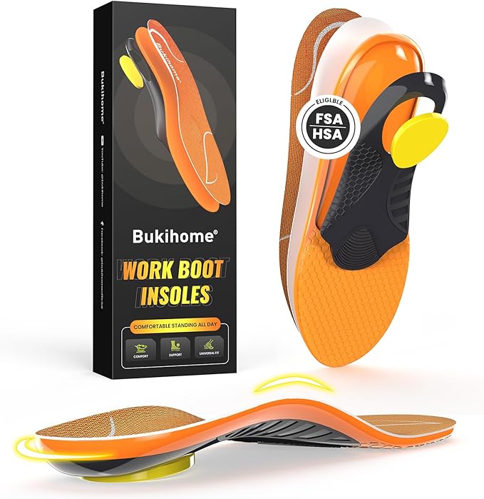 Bukihome Work Boot Insoles for Construction & Standing All Day - Heavy Duty Orthotic Shoe Inserts with Shock Absorption, Arch Support & Fatigue Reduction Durable Support Fits Work Boots -XL