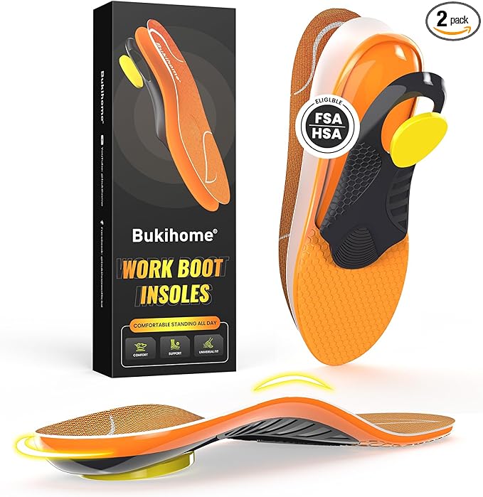 Bukihome Work Boot Insoles for Construction & Standing All Day - Heavy Duty Orthotic Shoe Inserts with Shock Absorption, Arch Support & Fatigue Reduction Durable Support Fits Work Boots -M