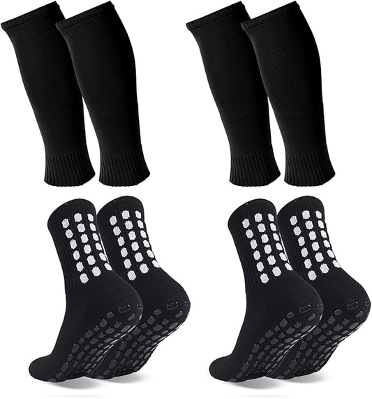 2 Set Grip Soccer Socks and Shin Guard Sleeves Non Slip Soccer Sleeve Socks for Men Women
