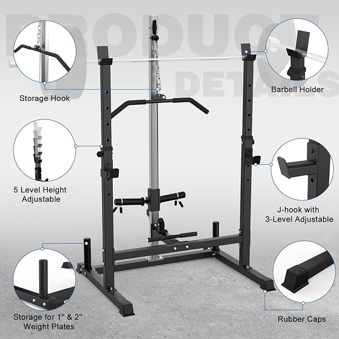 Power Rack with LAT Pulldown Pulley System Adjustable Multi-Functional Squat Rack, Power Cage with J-Hooks Home Gym