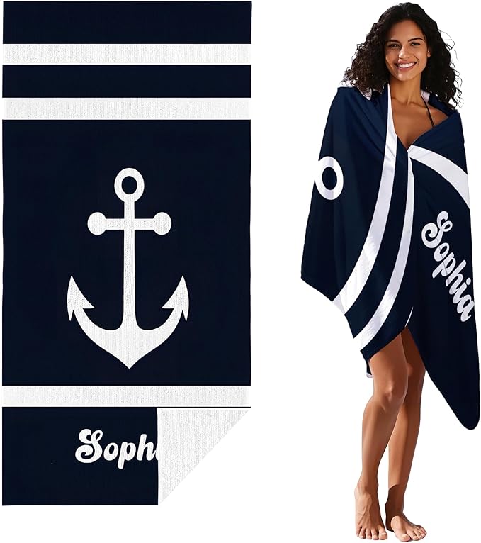JML Personalized Beach Towel with Name, Custom Anchor Beach Towel, Customized Microfiber Pool Towel, Quick Dry & Absorbent Swim Towel for Adult,Anniversary, Birthday, Summer Holiday,Vacation