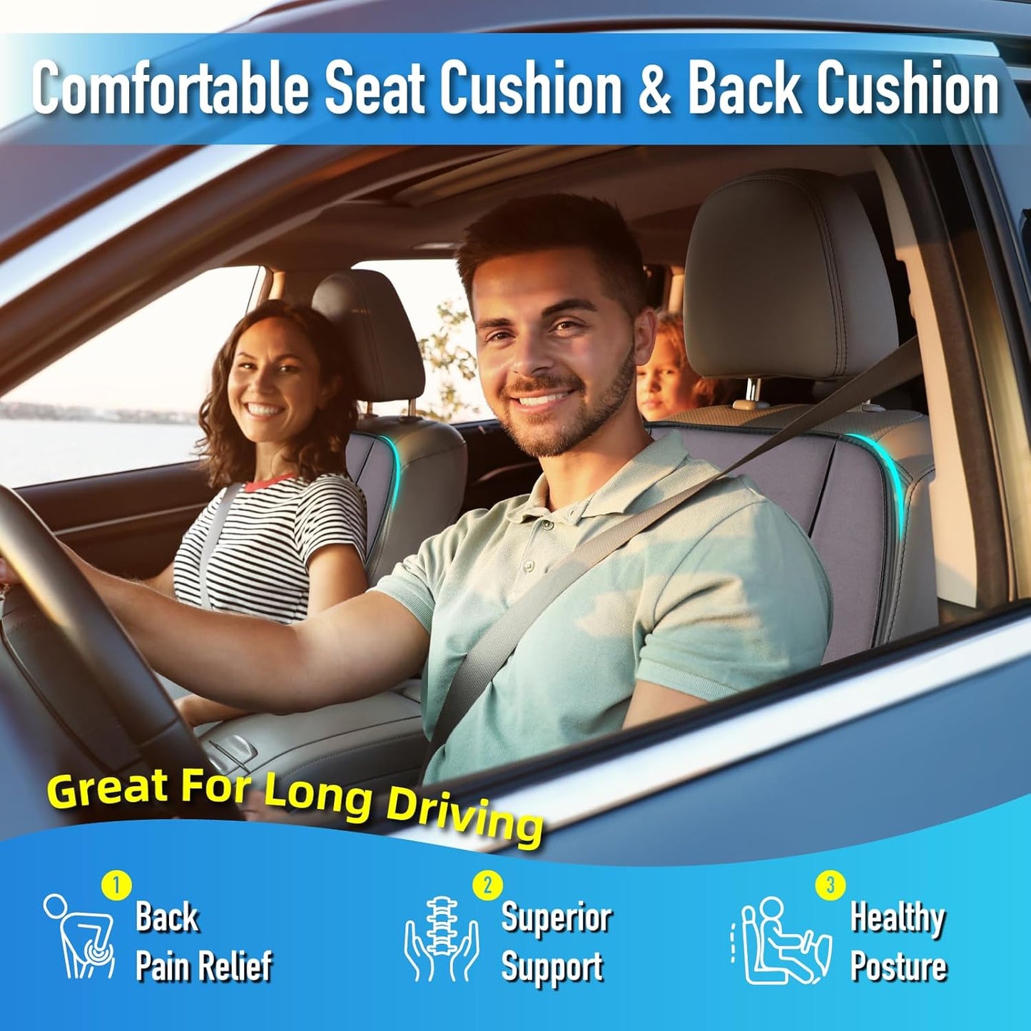 Car Seat Cushion with Back Support Pillow, Comfy Lumbar Support & Seat Cushion, Memory Foam Driving Pillow for Back-Sciatica Pain Relief, Auto Pad Suitable for Car, Truck, SUV - Dark Grey