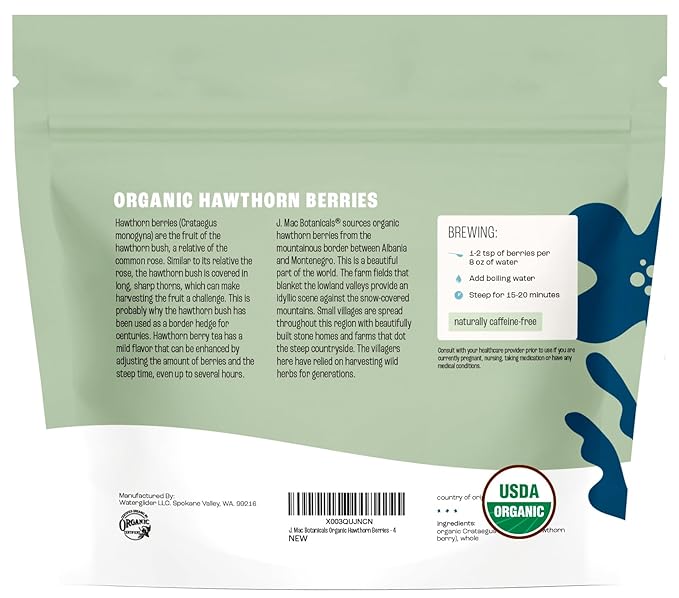 J Mac Botanicals, Organic Dried Hawthorn Berries Whole (4 oz) Hawthorn berry from Eastern Europe, certified Organic hawthorn berry tea, Hawthorne berries bulk resealable bag, Dried Hawthorn berries