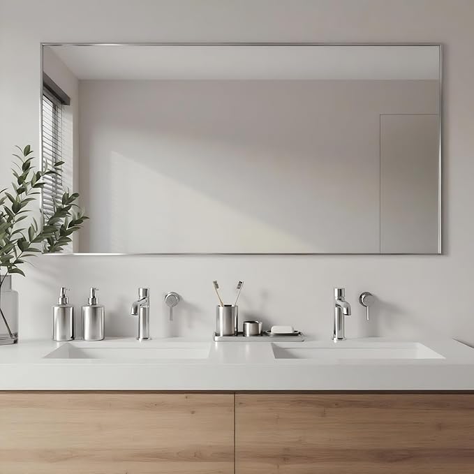 20x40 Inch Nickel Bathroom Mirror for Wall, Aluminum Frame Rectangle Rectangular Vanity Mirror, Modern Large for Bedroom, Living Room, Horizontal or Vertical