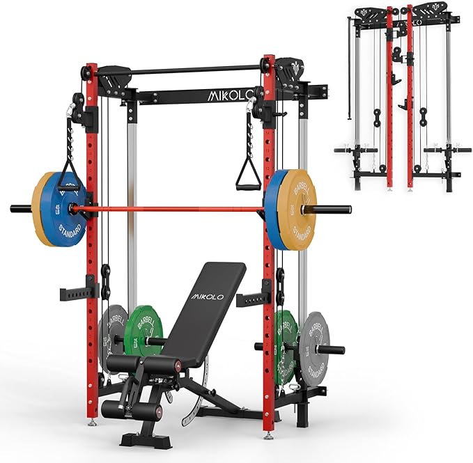 Mikolo Folding Squat Rack, Wall Mounted Power Rack with Cable Crossover Machine & LAT Pull Down, Functional Trainer with 5 Adjustable Function Modes, for Home Gym and Space Saving