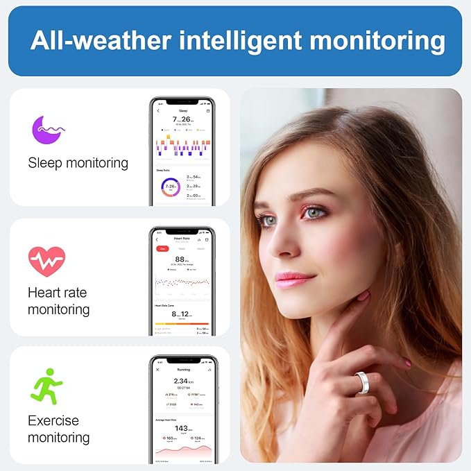 Health Tracker Smart Ring for Men Women-IP68 Waterproof Sleep Tracker with Heart Rate/Blood Pressure/Blood/Physiological Cycle/Oxygen Tracking, Step Counter, iOS & Android Compatible (9#)