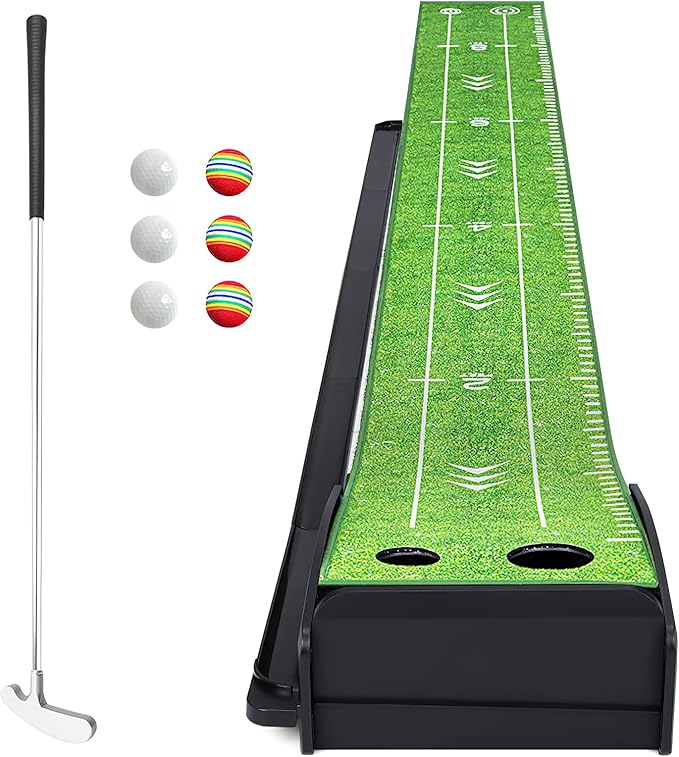 Golf Putting Green Mat with Putter and 6 Balls, Putting Practice Mat with Auto Ball Return for Home, Office, Backyard, Indoor, Outdoor Use