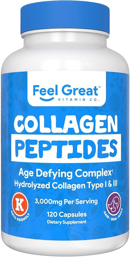 Hydrolyzed Collagen Peptides Powder Capsules (Type I &III) by Feel Great Vitamin Co. | Wheat Free, Keto & Paleo Friendly | Collagen Powder Supplement for Hair, Skin and Nails*