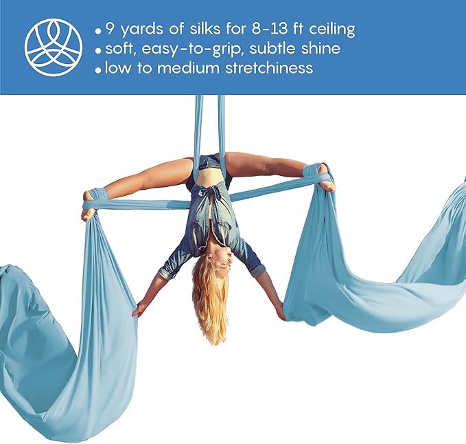 Aerial Silks Starter Kit - Durable 9 Yards of Aerial Yoga Hammock with Hardware & Guide - Aerial Swing for Acrobatic Flying Yoga & All Levels (Aerial Rigging Point Up to 13ft)
