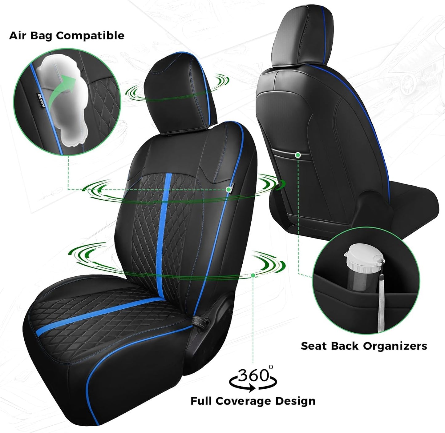 for Jeep Wrangler Seat Covers 4Door JL 2018 2019 2020 2021 2022 2023 2024 2025, Custom Car Seat Cover Full Set, Luxury Waterproof Leather Seat Protectors, Black Blue Trim,With Rear Cup Holder
