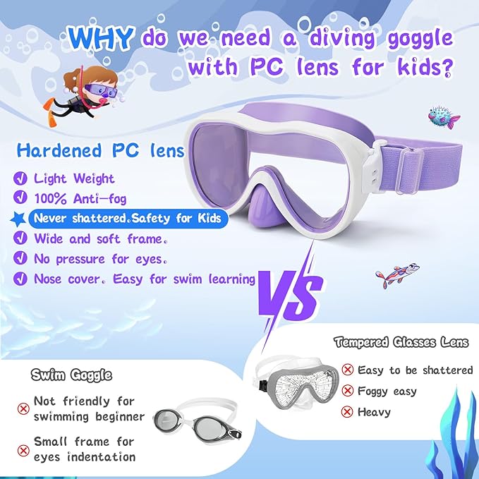 Kids Swim Goggles 180° Snorkel Diving Mask with Nose Cover, Anti-Fog Kids Swimming Goggles with Elastic Fabric Strap for Kids Boys Girls