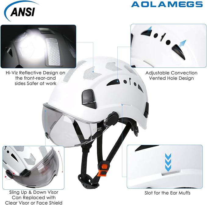 AOLAMEGS Construction Safety Hard Hat - ANSI Z89.1 Type Ι OSHA Approved Safety Helmets with Chin Straps Lightweight Reflective Vented ABS Hard Hats For Men Women Industrial Workwear 6-point Suspension