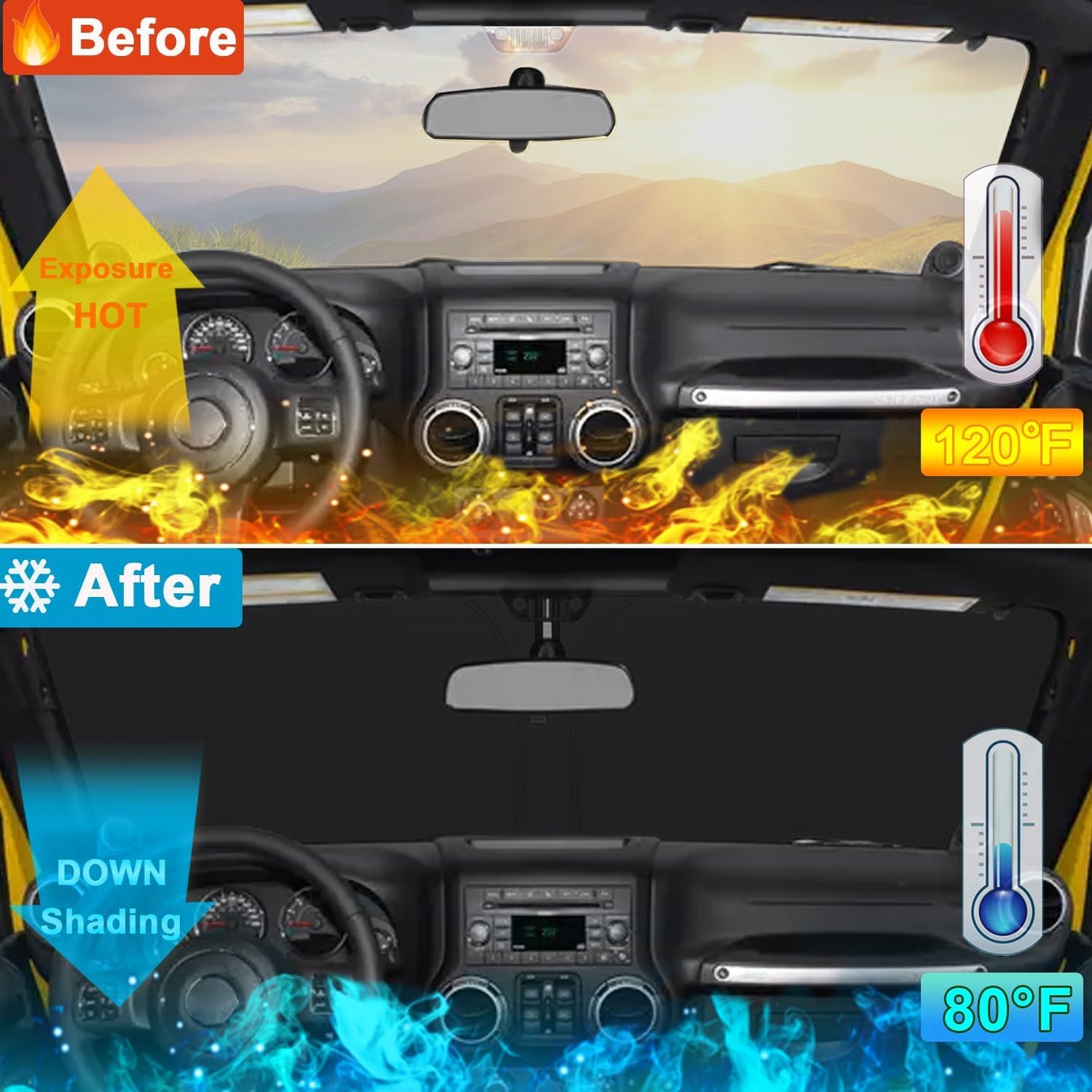 Windshield Sun Shade for Jeep Wrangler JK 2007-2018, Foldable Heat Shield with UV Protection, Custom Fit for 2/4 Door Models, Car Window Visor Accessories