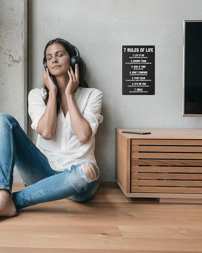 ALKB Inspirational Metal Sign for Teen Bedroom Decor - Motivational Wall Decor for Bedroom Office Girls, Boys, Teenager - 7 Rules of Life 8x12 Inch