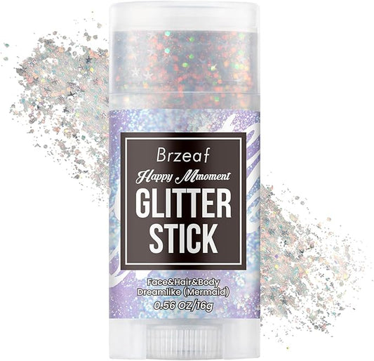Brzeaf Waterproof Mermaid Glitter Stick, Shimmery& Long Lasting, Hair Eyeshadow Face Body Glitter, Singer Concert Music Rave Festival, Glitter Stick Makeup & Face Glitter Gel for Women Men 0.56 Oz