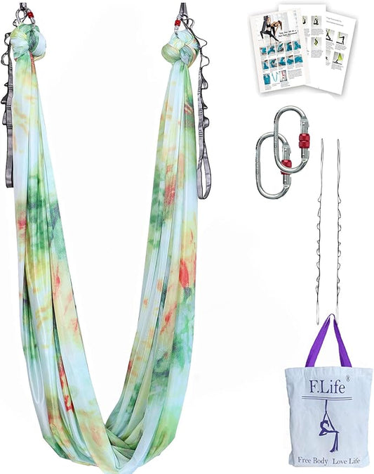 F.Life Aerial Yoga Hammock kit- Yoga Swing Multicolor 5 yards-Flying Yoga Include Daisy Chain,Carabiner and Pose Guide
