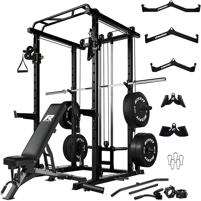 RitFit Multi-Function Squat Rack Power Cage PPC03 with Cable Crossover System, 1000LBS Capacity Power Rack and Packages with Optional Weight Bench, Barbell Weight Set, for Garage Workout & Home Gym