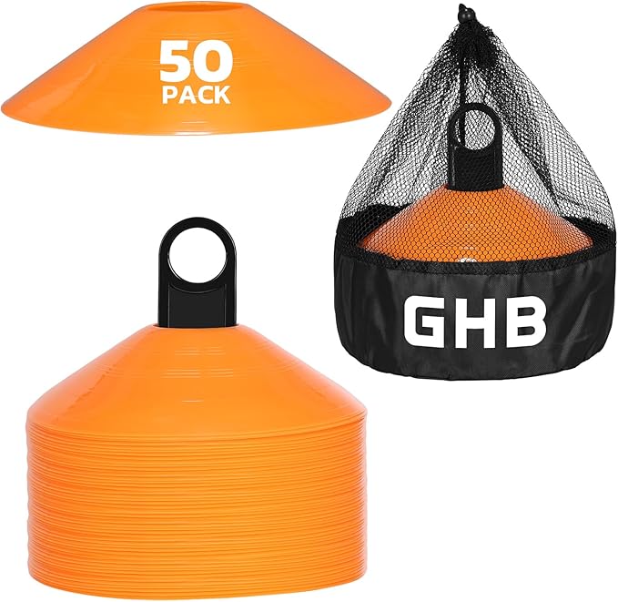 GHB Soccer Cones 25/50/100 Pack Disc Soccer Sport Cones Training Field Marker Agility Cones for Traffic, Basketball, Coaching, Practice Equipment Includes Cone Drills Guide