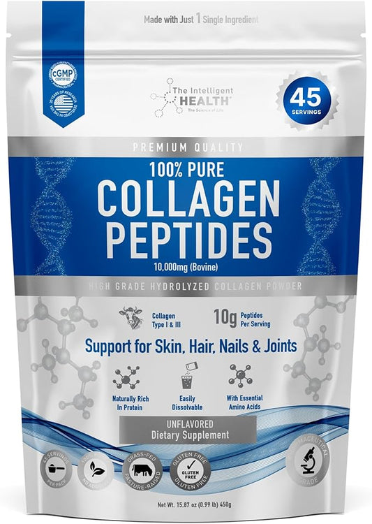 The Intelligent Health Collagen Peptides Powder, 45 Servings, Hydrolyzed Collagen, Type I & III, Grass Fed, Unflavored, Gluten Free, Keto/Paleo, 10g Servings, 15.9 Oz, Skin Support, Hair, Nail, Joints