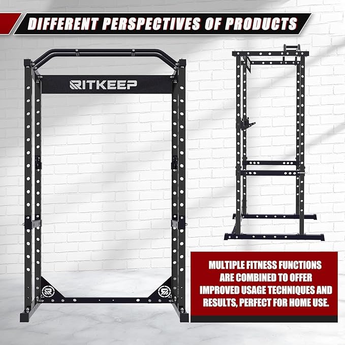 RitKeep Power Rack RMAX 2250 Multi-Function Power Cage for Strength Training - 1200lb Capacity Squat Rack with Multi-Grip Pull-Up Bar, Safety Bars, and J-Hook for Home Gym