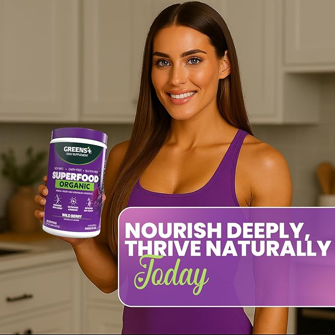 Greens+ Organic Wild Berry Superfood Powder, Antioxidant Polyphenol, Blend for Morning Kick, Energy, Vitality Boost, Nutrition, Vibrant Health, Dietary Supplement, Vegan Soy/Dairy/Gluten Free(8.46oz)