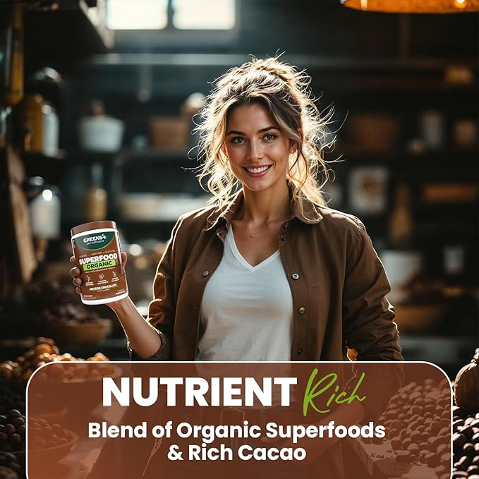 Greens+ Plus Organic Superfood Amazon Chocolate, Boost Energy, Essential Blend of Raw Foods, Non GMO, Gluten Free, USDA Organic and Vegan Powder, 8.46 oz