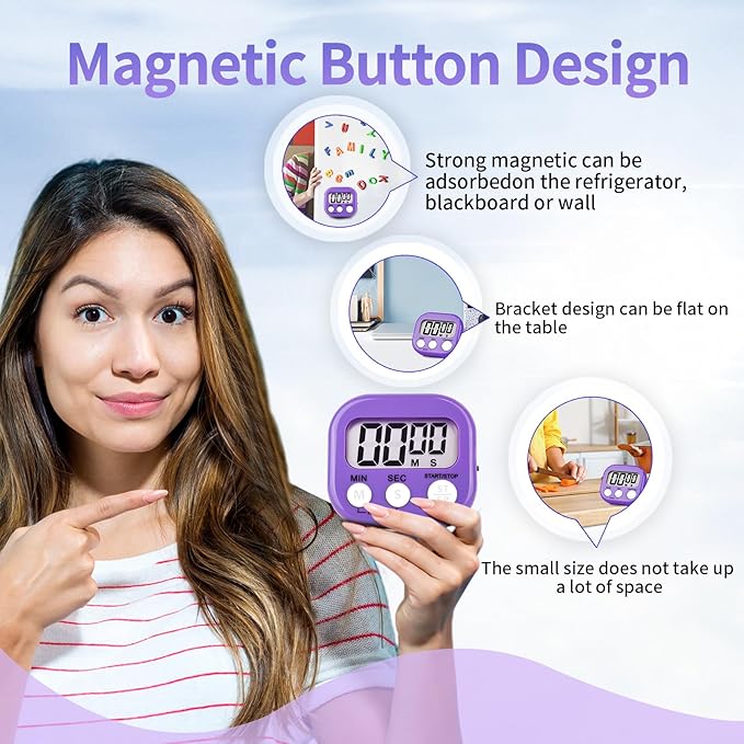 4 Pack Purple Digital Kitchen Timer Magnetic Digital Timer with Big Display Loud Ring Cooking Timers for Cooking, Game, Gym, Break Time, Classroom (4, Pruple)
