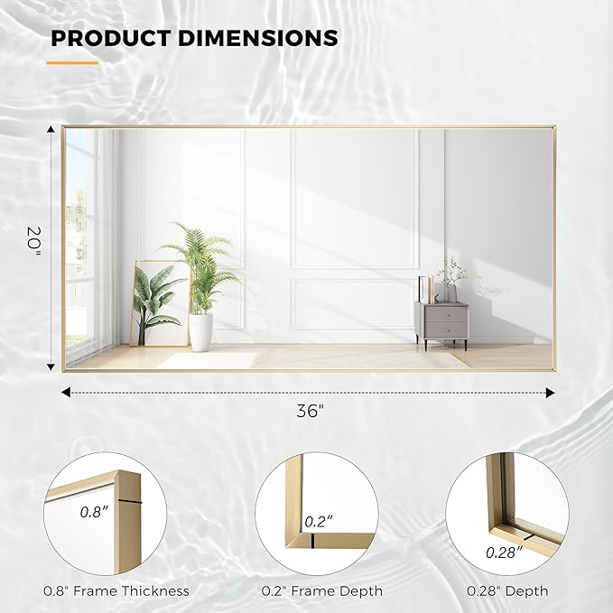 20x36 Inch Brass Bathroom Mirror for Wall, Aluminum Frame Rectangle Rectangular Vanity Mirror, Modern Large for Bedroom, Living Room, Horizontal or Vertical
