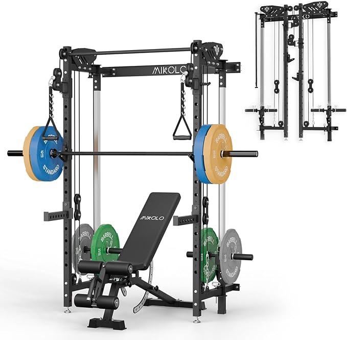 Mikolo Folding Squat Rack, Wall Mounted Power Rack with Cable Crossover Machine & LAT Pull Down, Functional Trainer with 5 Adjustable Function Modes, for Home Gym and Space Saving