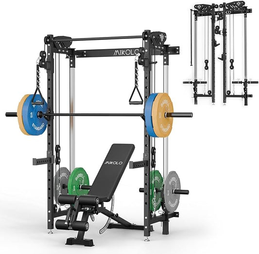 Mikolo Folding Squat Rack, Wall Mounted Power Rack with Cable Crossover Machine & LAT Pull Down, Functional Trainer with 5 Adjustable Function Modes, for Home Gym and Space Saving