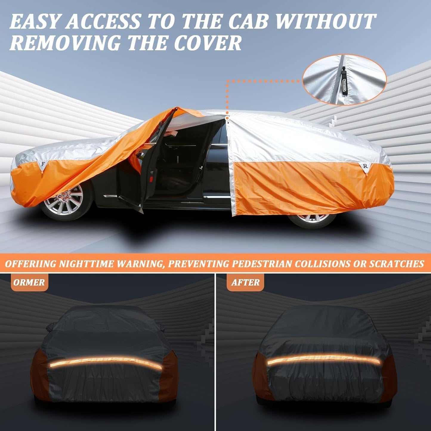 Tecoom Car Cover Waterproof All Weather, Windproof Storm Full Exterior Covers for Automobiles, UV Sun Protection Snowproof Car Tarp w/ 3 Gust Straps Mirrior Door Zipper, Universal Fit 170"-190" Sedan