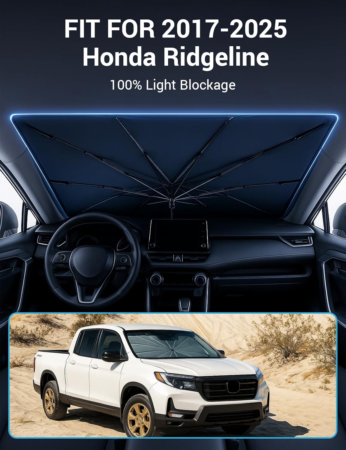 Proadsy Windshield Sun Shade Umbrella for Honda Ridgeline 2017-2025 2026 Foldable Car Umbrella Sunshade with Soft TPU Handle Spring Structure Crystal Cooling Material Protect Car from Rays & Heat