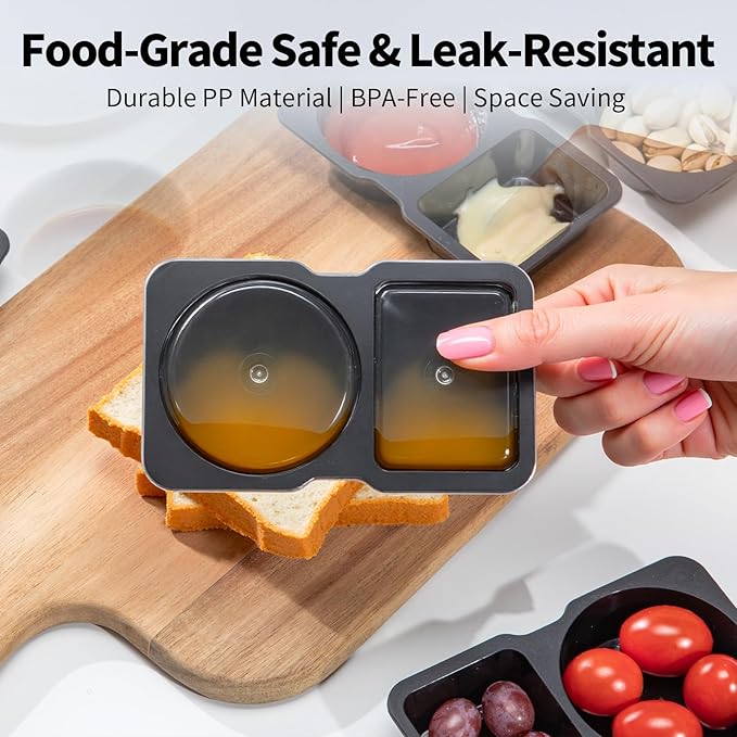 20 Sets Reusable Snack Containers with Lids & 20 Sporks – Double Compartment for Portion Control, BPA-Free Leak-Proof Dipping Containers for Meal Prep, Travel, and Outdoor Snacks (Black)