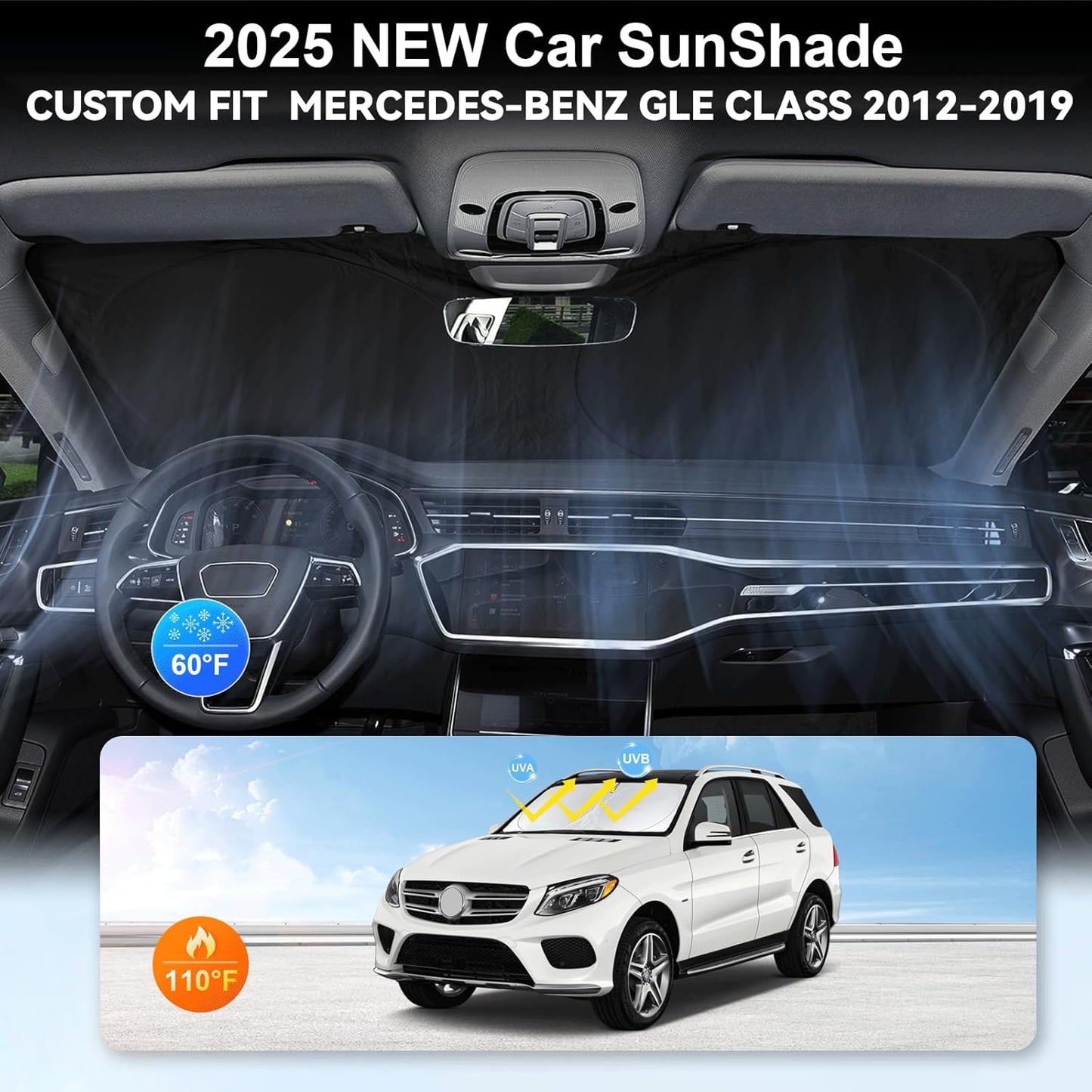 Custom Fit GLE Windshield Sunshade for 2012-2018 2019 Mercedes Benz GLE Class Accessories Front Window Shades Shield for GLE 450 GLE 350 Cover for Windshield Sun Visor Protector Blocks UV Rays