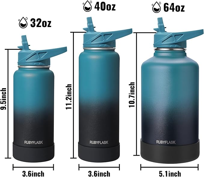 64oz Insulated Water Bottle with Straw, Half Gallon Stainless Steel Vacuum Water Jug, Large Thermal Water Bottle Flask with Leakproof 3 Lids for Travel, Camping, Gym Sports Black Gray