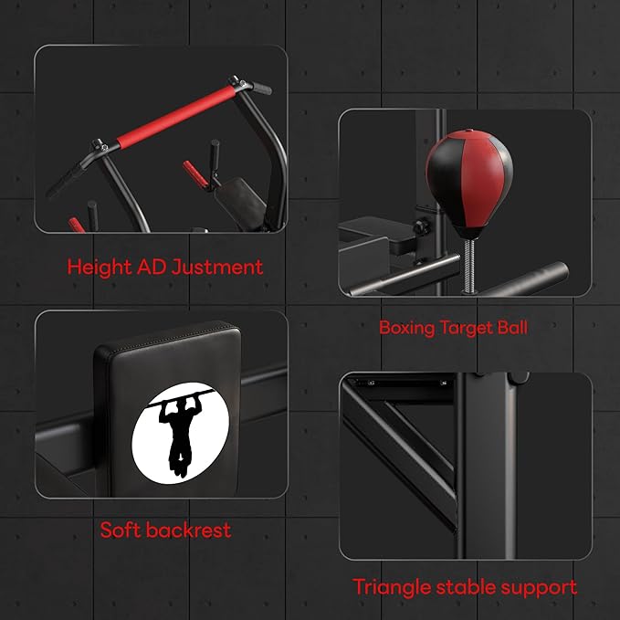 soges Pull Up Bar Dip Station, Power Tower with Boxing Speed Ball & Spinning Target, Adjustable Height Dip Stand Strength Training Fitness Workout Station, Assistive Trainer Pull Up Stand