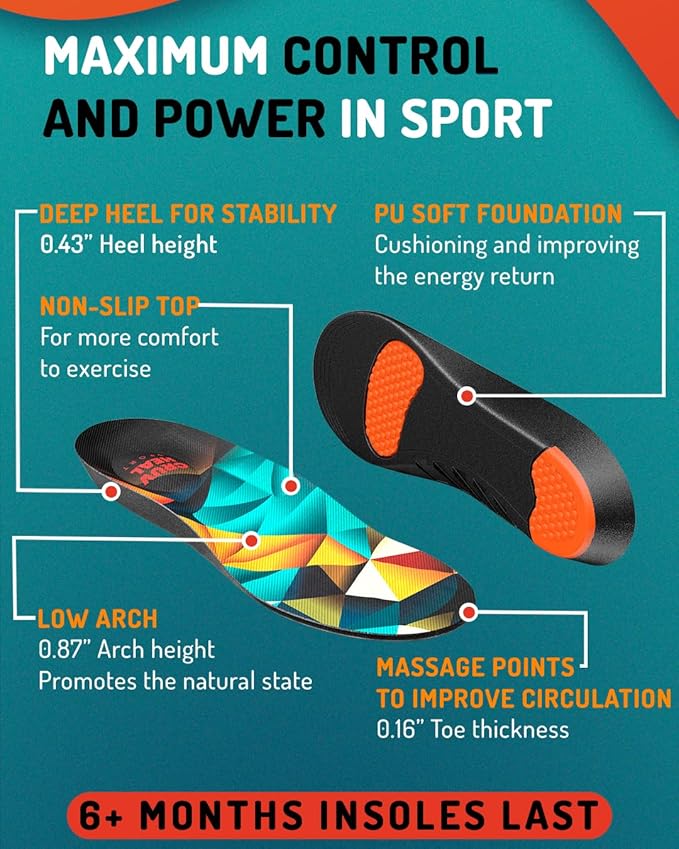 Sport Shock Absorbing Insoles - Athletic Shoe Cushioning Inserts for Men and Women - Ideal for Active Sports Running Training Hiking - Neutral Arch Good for Sneakers Shoes, M