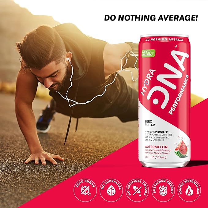 HYDRADNA- Clean Performance Drink, Zero Sugar | For Natural Fuel, Alertness, Boost, Stamina,120 mg Organic Caffeine, Natural Flavors, Zero Sucralose, Clean Ingredients (12 Pack) (12 Pack, Watermelon)