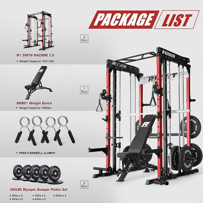 RitFit M1 & M1 Pro Smith Machine with Cable Crossover System, Multi-Function Squat Rack Power Cage for Home Gym, Power Rack and Packages