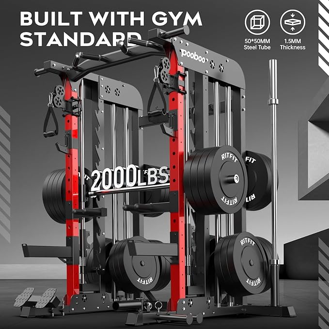 Pooboo Multi-Functional Machine Power Cage, 2000LB Squat Rack, LAT-Pull Down System, Dual Pulley Cable Crossover System, Home Gym Workout Machine with Strength Training Attachments