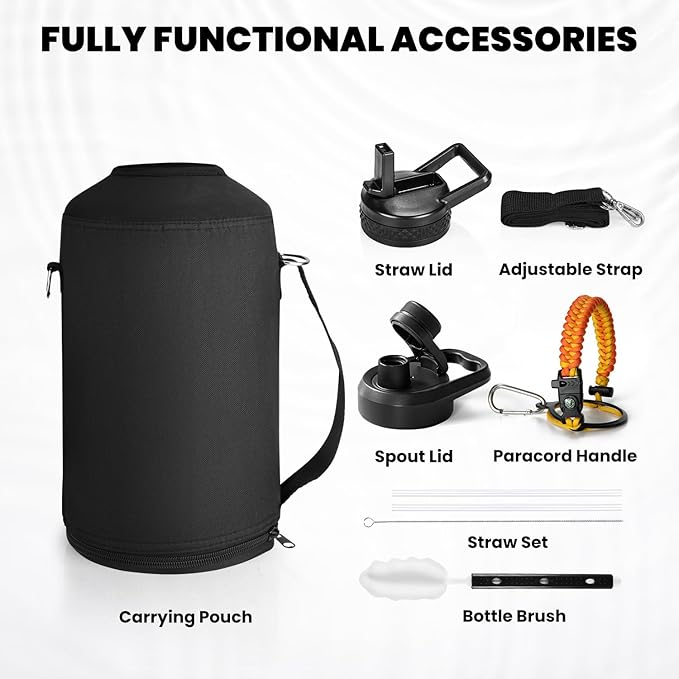 Insulated Water Bottle 64 oz, Triple Wall Vacuum Stainless Steel (Cold for 48 Hrs), Leak Proof & Non-BPA, Half Gallon Water Flask Jug with Paracord Handle & Straw Spout Lids, Ombre Orange
