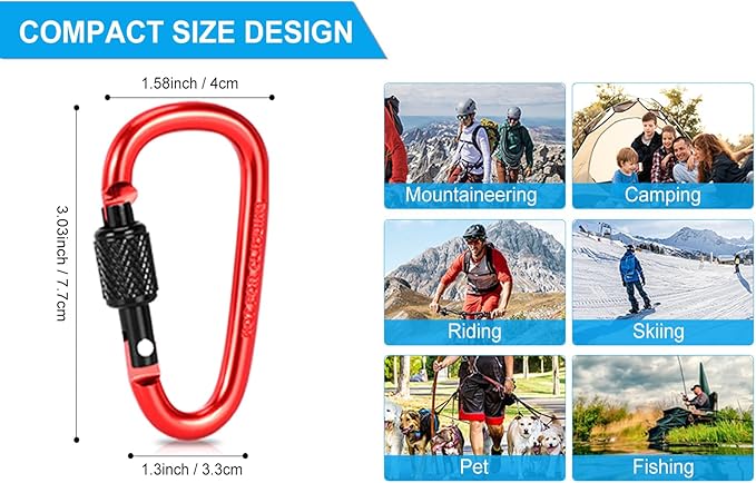 10 Pack Aluminum D Ring Key Rings Hiking Clips Locking Carabiner for Hiking Camping Fishing and Outdoor Use，Clips with Screw Gate Multicolored