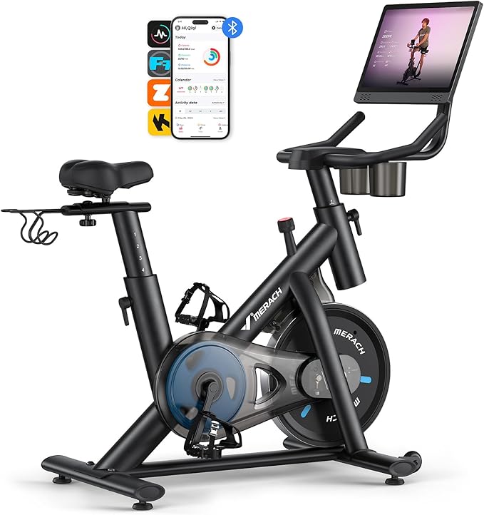 MERACH Exercise Bike, Brake Pad Stationary Bike with Exclusive App, Low Noise Indoor Cycling Bike with 300lbs Weight Capacity, Tablet Mount and Fitness Courses for Weight Loss