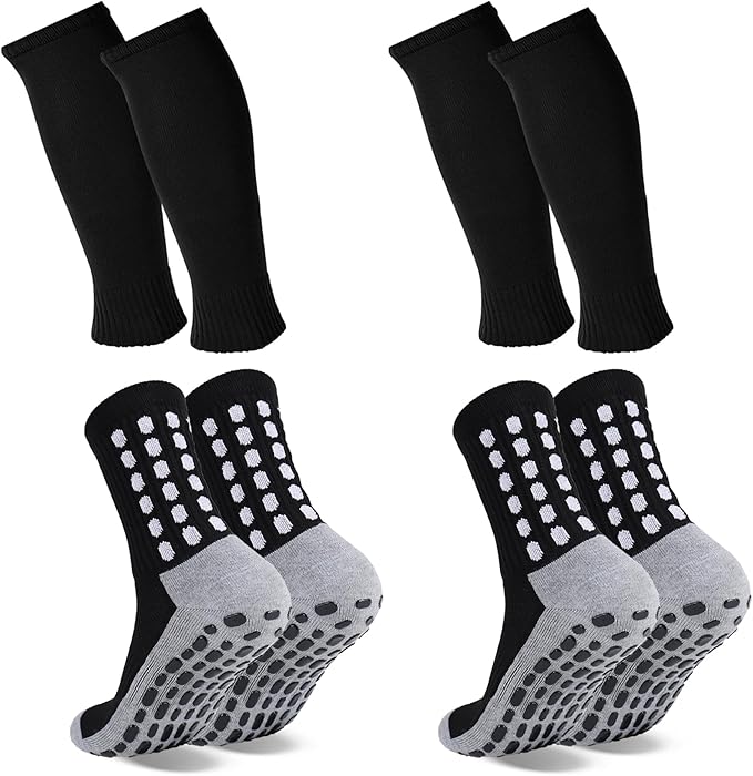 2 Set Grip Soccer Socks with Shin Guard Sleeves Non Slip Soccer Leg Sleeve Socks for Men Women