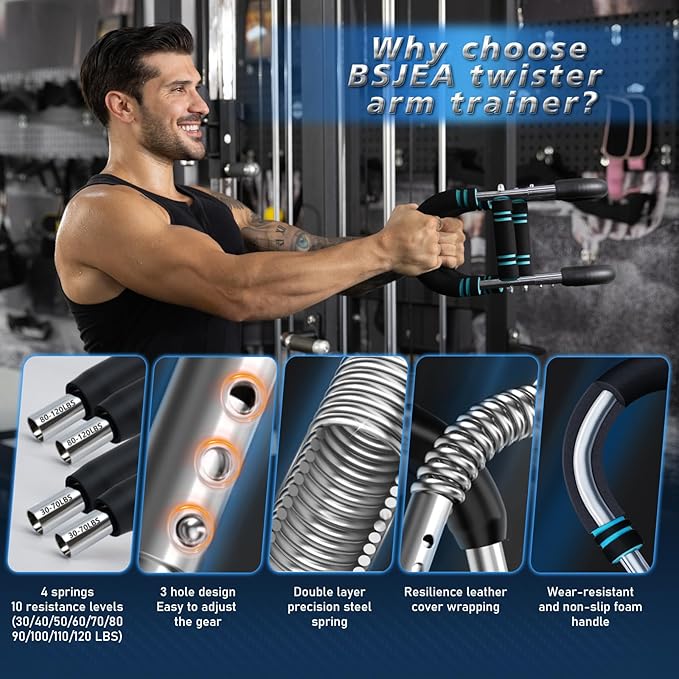 BEJEA Twister Arm Trainer,30-120lb Adjustable,Chest Trainer for Men & Women with 4 Springs & Train Poster,Arm Trainer for Chest Clip Muscle & Arm Strength